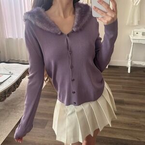 Vintage M Joseph A. Purple Faux Fur Trim Cardigan